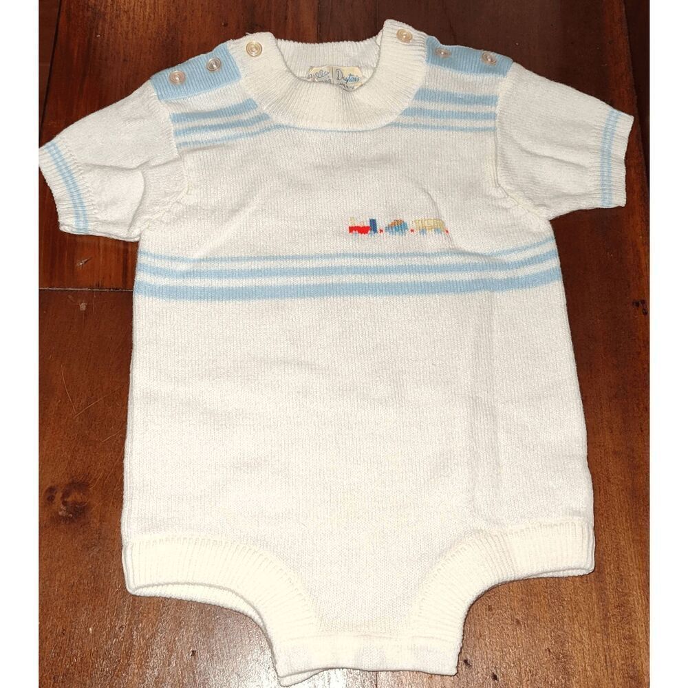 Lilla Mej Dayton's  Infant's one piece sweater snap bottom Train needle work Ita
